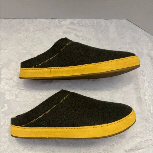 OluKai Men’s 11 Hamani Hulu Wool Slippers Dusty Olive Mustard Mule Shoe‎ Slip On